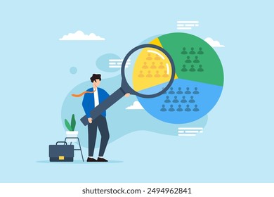 Categorización basada en la conducta, estrategias de marketing focalizadas, Ilustración vectorial del concepto de segmentación de mercado. Analista de negocios dividiendo la base de Clientes en segmentos