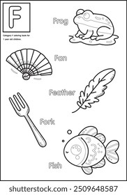 Category F coloring book for 1 year old children, with 5 easy words