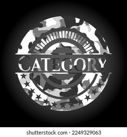 Category written on a grey camo texture 