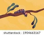 Catepillar or larva of butterfly. Insect with legs crawling on tree branch. Grub creature. Colored flat textured vector illustration