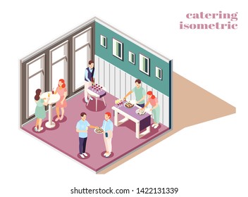 Catering and banquets indoors isometric composition with food and drinks vector illustration