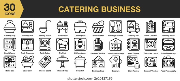 Catering Business icon set. Includes business, food, catering, restaurant, buffet, lunch, and More. Outline icons vector collection.