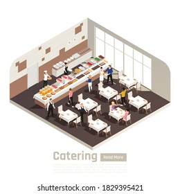 Catering celebrations banquet service isometric composition with wedding reception in restaurant hall with buffet bar vector illustration 