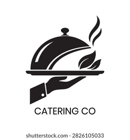 Catering Co logo presents a serving platter with steam rising beside fresh leaves, indicating professional catering services and fresh ingredients. This clean corporate design is perfect for event catering companies, food delivery businesses, corporate dining services, private chefs, or hospitality providers requiring a modern and appetizing brand identity.