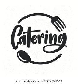 Catering company logotype with lettering written with calligraphic cursive font decorated with cutlery or kitchenware. Food supply service logo isolated on white background. Vector illustration