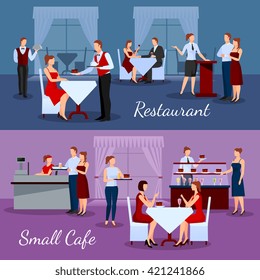Catering compositions set with restaurant and small cafe symbols flat isolated vector illustration 