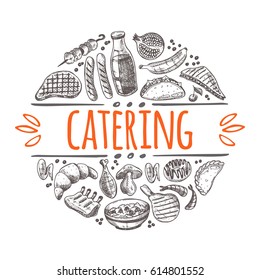 Catering concept. Hand drawn vector illustration. Round circle composition. Can be used for menu, cafe, restaurant, bar, poster, emblem, sticker, label, badge.