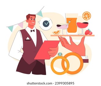 Catering concept. A poised waiter presents a tray of refreshing cocktails beside celebratory rings. Ensuring every detail for the event. Perfect service. Flat vector illustration.