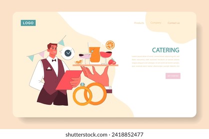 Catering concept. A poised waiter presents a tray of refreshing cocktails beside celebratory rings. Ensuring every detail for the event. Perfect service. Flat vector illustration.