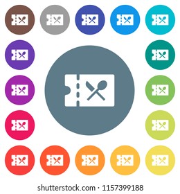 Catering discount coupon flat white icons on round color backgrounds. 17 background color variations are included.