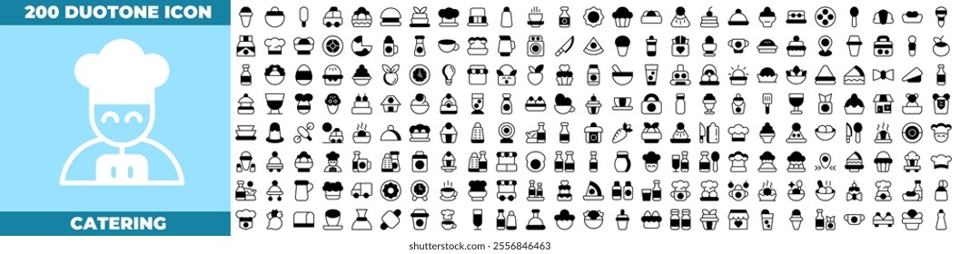 Catering Duotone Editable Icons set. Vector illustration in modern thin duotone style of Catering icons: Containing fork, spoon, knife, plate, cloche, tray, chef hat,beverage, food, dining table, etc