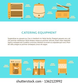 Catering equipment banner template in flat style with place for text. Professional cooking appliances symbols. Vector illustration.