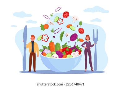 Catering, food industry, restaurant and cafe waiters hold huge fork and knife, cutlery. Tiny characters with huge bowl with salad, healthy food. Nutritionist vector cartoon flat concept
