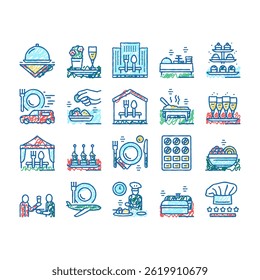 Catering Food Service Collection doodle icons set vector. Catering In Hotel Restaurant, Nutrition Cooking Delivery, Drinks, Dishes Dessert
