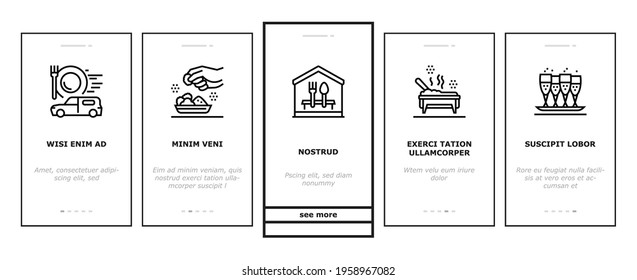 Catering Food Service Onboarding Mobile App Page Screen Vector. Catering In Hotel And Restaurant, Nutrition Cooking And Delivery, Drinks, Dishes And Dessert Illustrations