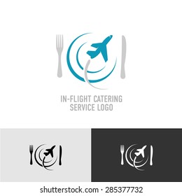 Catering Food Service With Plate, Fork, Knife And Plane Silhouette Logo Template