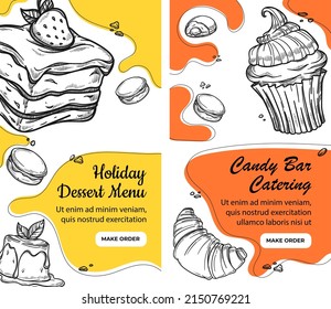 Catering for holiday, candy bar with desserts and sweets, cake with cream and chocolate, ripe strawberry and fruits. Croissant and jelly, pudding and cupcake. Website or site, landing page vector 