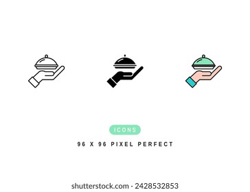 Catering Icon. Chef Hand Plate Food Pictogram Graphic Illustration. Isolated Simple Line Icon For Infographic, App and Web Button.