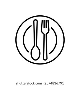 Catering icon. Menu, cafe, restaurant, spoon, fork, knife and plate icon set in line. Catering logo. Food and drink logo. Cafe logo icons. Tableware Vector illustration