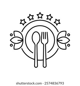 Catering icon. Menu, cafe, restaurant, spoon, fork, knife and plate icon set in line. Catering logo. Food and drink logo. Cafe logo icons. Tableware Vector illustration