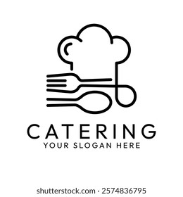 Catering icon. Menu, cafe, restaurant, spoon, fork, knife and plate icon set in line. Catering logo. Food and drink logo. Cafe logo icons. Tableware Vector illustration