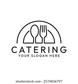 Catering icon. Menu, cafe, restaurant, spoon, fork, knife and plate icon set in line. Catering logo. Food and drink logo. Cafe logo icons. Tableware Vector illustration