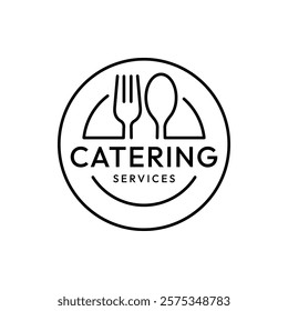 Catering icon. Menu, cafe, restaurant, spoon, fork, knife and plate icon set in line. Catering logo. Food and drink logo. Cafe logo icons. Tableware Vector illustration