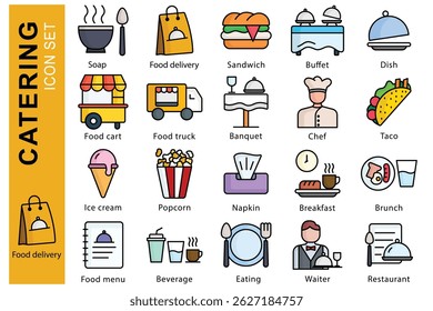 Catering icon set. colored outline icon style. containing icon soup, buffet, dish and more. catering element vector illustration