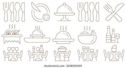 Catering icon set. Containing food service, event planning, dish, table setting, delivery, buffet, fine dining, waiter, tray, food cart, chef and more. Editable line icons. Vector illustration.
