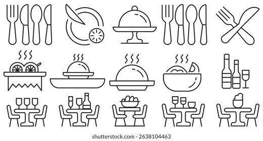 Catering icon set. Containing food service, event planning, dish, table setting, delivery, buffet, fine dining, waiter, tray, food cart, chef and more. Editable line icons. Vector illustration.