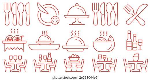 Catering icon set. Containing food service, event planning, dish, table setting, delivery, buffet, fine dining, waiter, tray, food cart, chef and more. Editable line icons. Vector illustration.