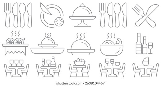 Catering icon set. Containing food service, event planning, dish, table setting, delivery, buffet, fine dining, waiter, tray, food cart, chef and more. Editable line icons. Vector illustration.