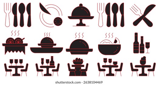 Catering icon set. Containing food service, event planning, dish, table setting, delivery, buffet, fine dining, waiter, tray, food cart, chef and more. Editable line icons. Vector illustration.