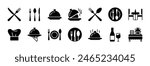 Catering icon set. Containing fork, spoon, knife, plate, cloche, tray, chef hat, beverage, food, dining table, and waiter. Cutlery or tableware in restaurant, kitchen. Vector illustration