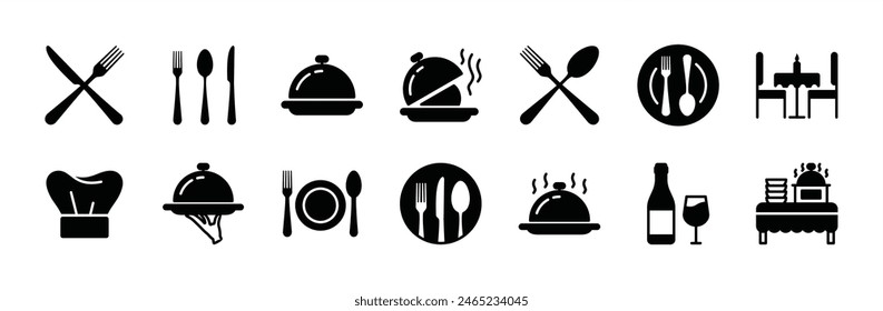 Catering icon set. Containing fork, spoon, knife, plate, cloche, tray, chef hat, beverage, food, dining table, and waiter. Cutlery or tableware in restaurant, kitchen. Vector illustration