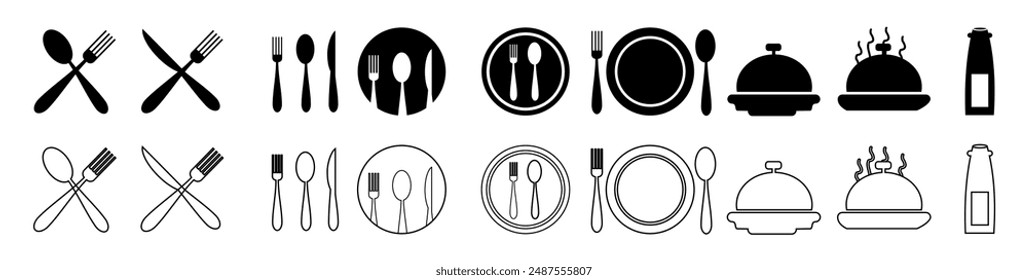 Catering icon set. Containing fork, spoon, knife, plate, cloche, tray, chef hat, beverage, food, dining table, and waiter. Cutlery or tableware in restaurant. Vector illustration