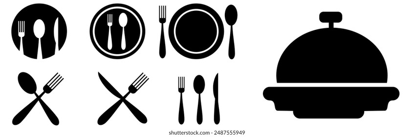 Catering icon set. Containing fork, spoon, knife, plate, cloche, tray, chef hat, beverage, food, dining table, and waiter. Cutlery or tableware in restaurant, kitchen