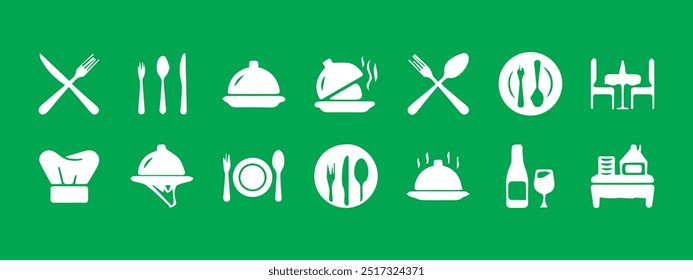 Catering Icon Set. Enthält Gabel, Löffel, Messer, Teller, Uhren, Tablett, Kochmütze, Getränk, Essen, Esstisch und Kellner. Vektorgrafik. EPS 10.