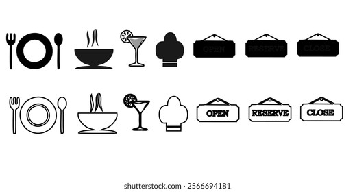 Catering icon set. Containing fork, spoon, knife, plate, cloche, tray, chef hat, beverage, food, dining table, and waiter. Cutlery or tableware in restaurant, kitchen.