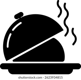 Catering icon set. Containing fork, spoon, knife, plate, cloche, tray, chef hat, beverage, food, dining table, and waiter. Cutlery or tableware in restaurant, kitchen. Vector illustration