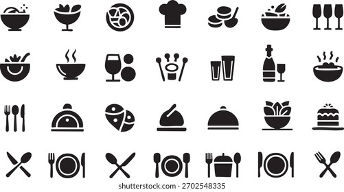 Ícone de restauração definido. Contendo garfo, colher, faca, prato, cloche, bandeja, chapéu de chef, bebida, comida, mesa de jantar e garçom. Talheres ou louças em restaurante. Vetor ...