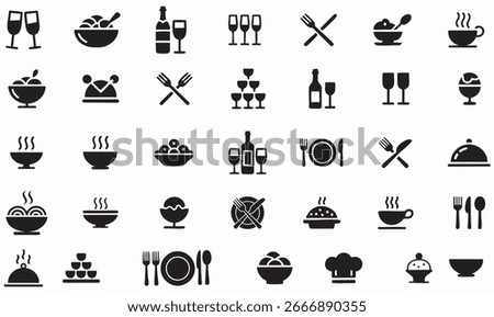 Catering icon set. Containing fork, spoon, knife, plate, cloche, tray, chef hat, beverage, food, dining table, and waiter. Cutlery or tableware in restaurant. Vector ...