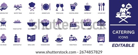 Catering icon set featuring food service, event planning, delivery, buffet, fine dining, table setting, chef, and more. Editable line icons, perfect for restaurant, hospitality, and event projects..