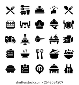 Catering icon set. food and drink icons, restaurants, canteens, cafes .fork, spoon, knife, plate, cloche, tray, chef hat, beverage, food, dining table, and waiter.