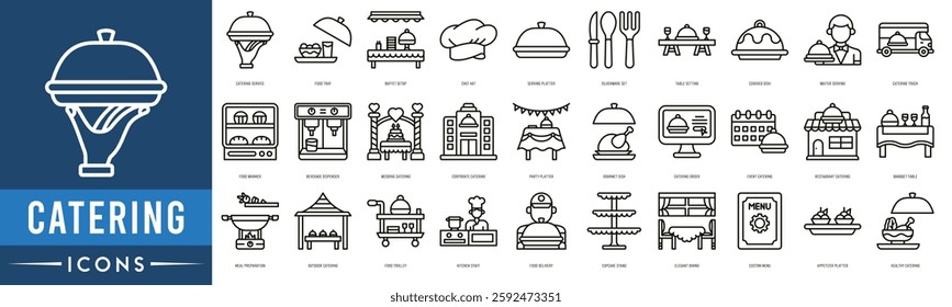 Catering Icon set. Catering Service, Food Tray, Buffet Setup, Chef Hat, Serving Platter, Silverware Set and Table Setting