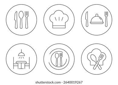 Catering icon set. Catering thin line icon set. Containing fork, spoon, knife, plate, chef hat, beverage, food, dining table icon set. Restaurant icon set. 