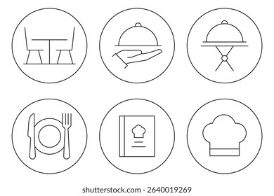 Catering icon set. Catering thin line icon set. Containing fork, spoon, knife, plate, chef hat, beverage, food, dining table icon set. Restaurant icon set. 