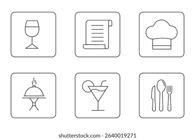 Catering icon set. Catering thin line icon set. Containing fork, spoon, knife, plate, chef hat, beverage, food, dining table icon set. Restaurant icon set. 
