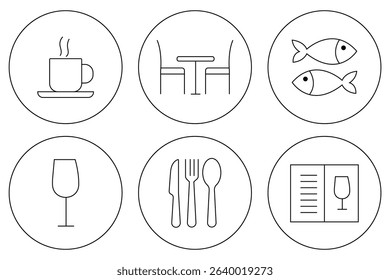 Catering icon set. Catering thin line icon set. Containing fork, spoon, knife, plate, chef hat, beverage, food, dining table icon set. Restaurant icon set. 