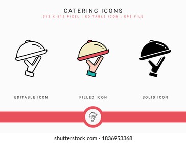 Catering icons set vector illustration with solid icon line style. Restaurant food service concept. Editable stroke icon on isolated background for web design, infographic and UI mobile app.